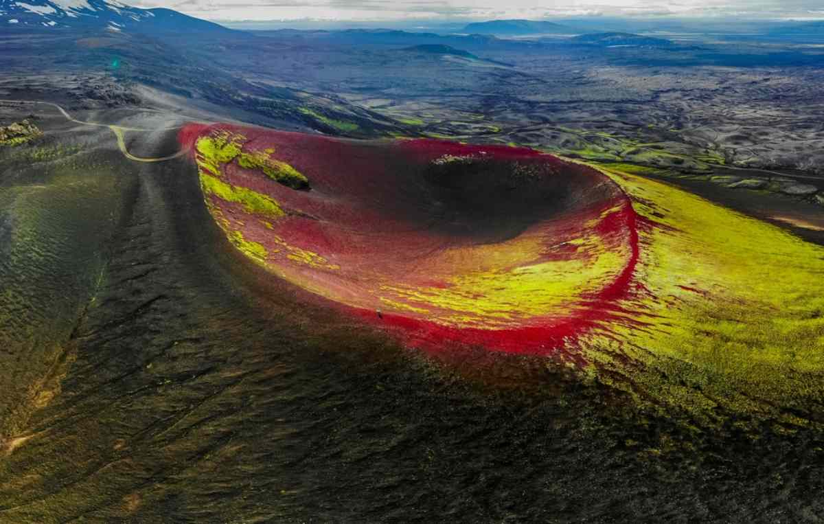 Aerial view of Raudaskal volcano crater