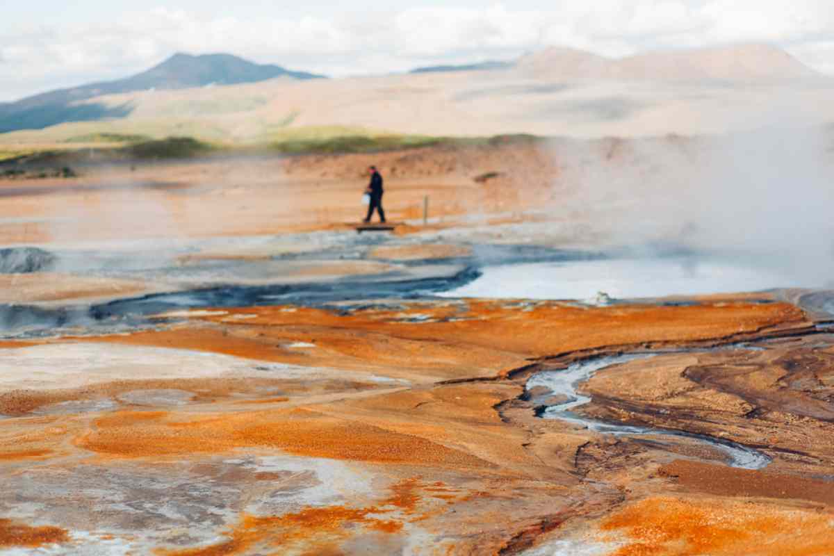 Colorful geothermal area with hues of brown, gray and blue