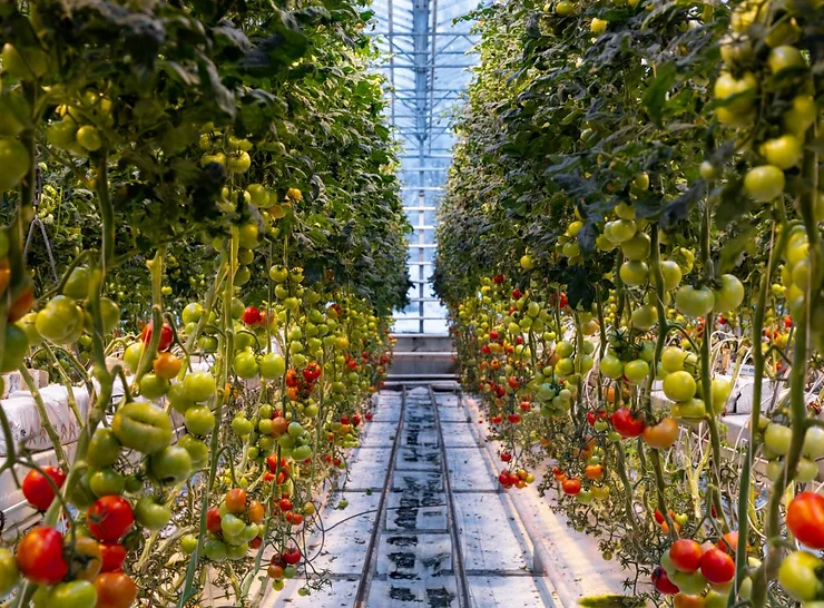 Interior view of Fridheimar Tomato Farm in Iceland, showing rows of tomato plants with ripe and unripe tomatoes growing in a greenhouse.