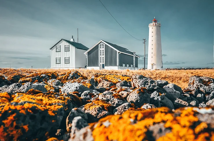 Grotta Lighthouse with surrounding buildings and moss-covered rocks in the foreground under a clear sky in Iceland.