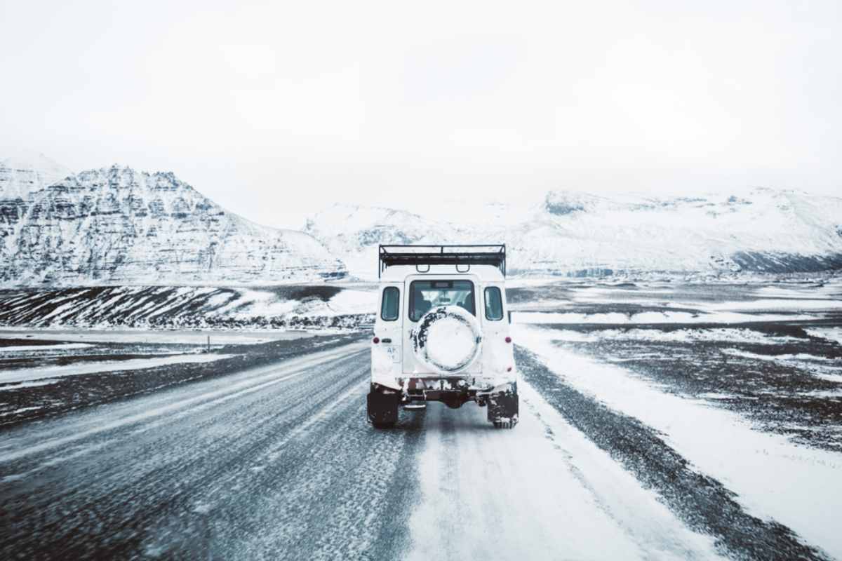 Jeep rental car on a snow-covered road