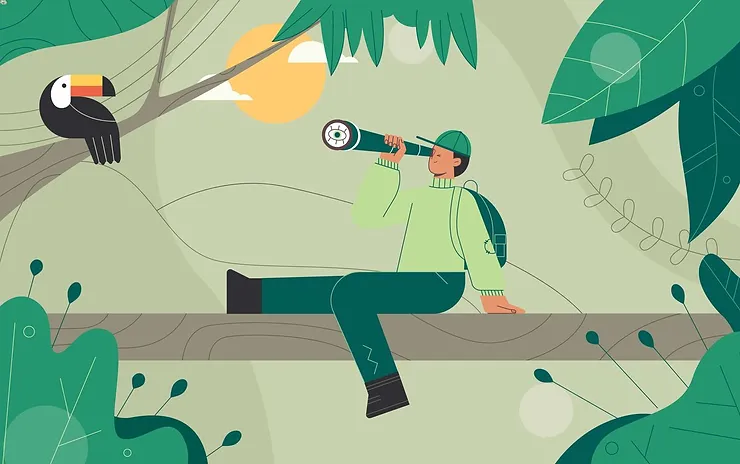 Illustration of a traveler with a backpack sitting on a tree branch, observing a toucan through binoculars, symbolizing eco-friendly travel and green tourism.