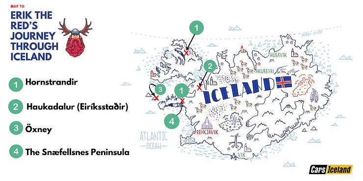 Illustrated map of Iceland highlighting key locations from Erik the Red's journey: Hornstrandir, Haukadalur (Eiriksstadir), Oxney, and the Snæfellsnes Peninsula. The map features whimsical drawings and landmarks.