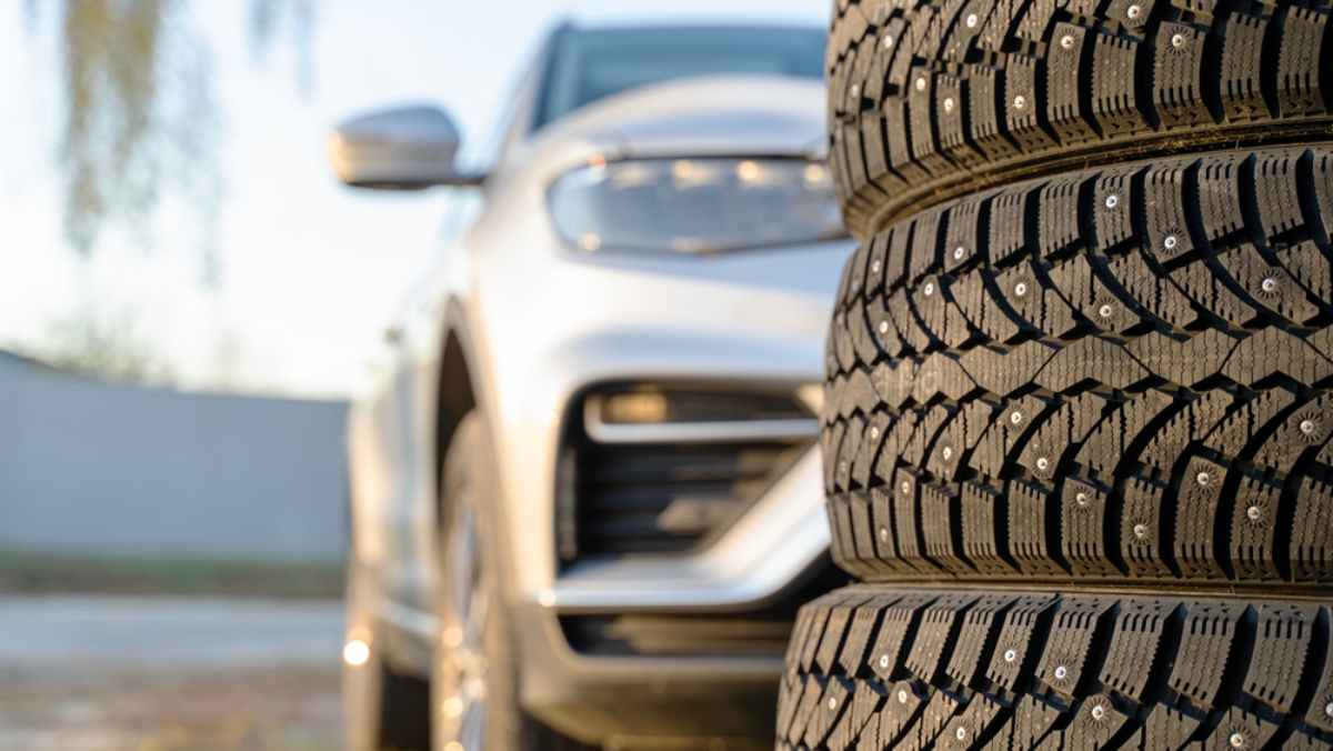 Studded winter tires piled up for winter driving in Iceland