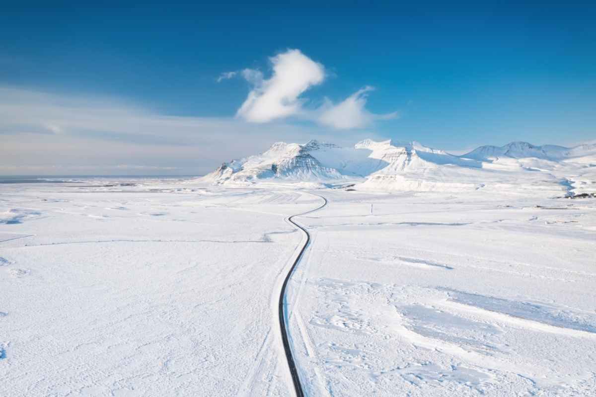 Winding road on a completele snow covered landscape