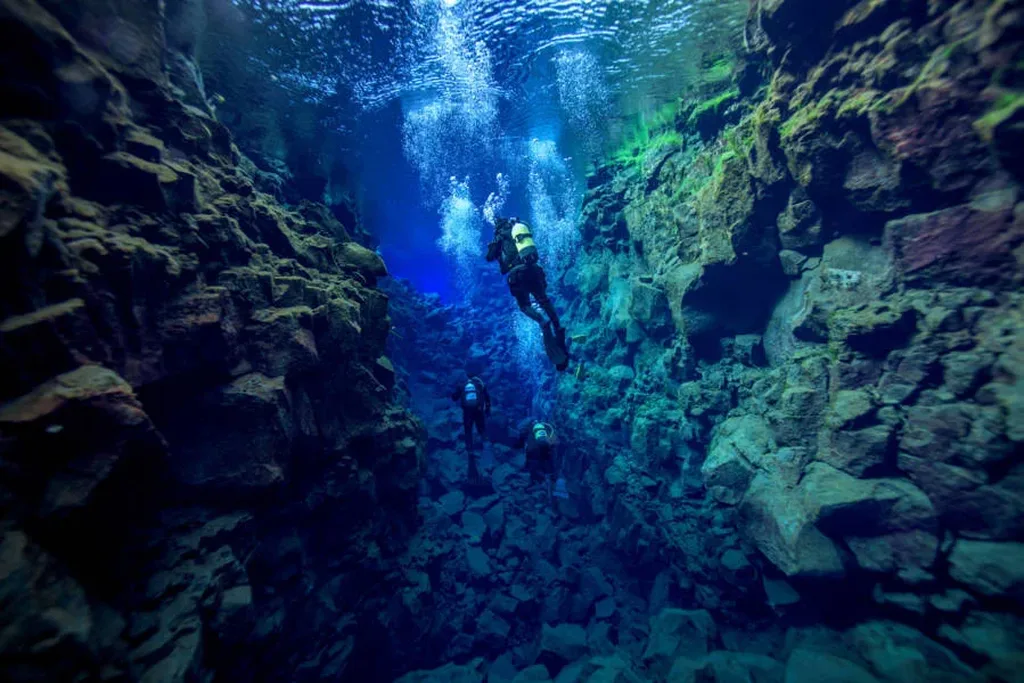 Divers explore the crystal-clear waters of the Silfra fissure in Iceland, navigating between two tectonic plates. The underwater scene is bathed in shades of blue, with rocky walls and the divers' bubbles creating a surreal atmosphere. The clarity of the water highlights the unique geological features of the fissure, making it a popular destination for snorkeling and diving enthusiasts. The image captures the sense of adventure and wonder in one of the world's most unique underwater landscapes.