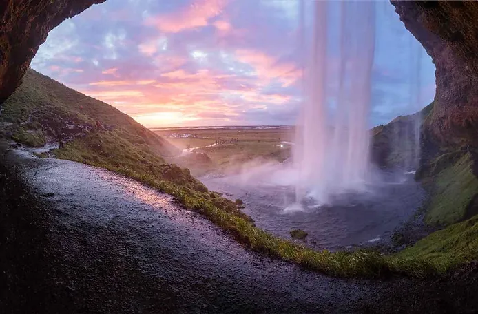 Seljalandfoss waterfall at the sunset