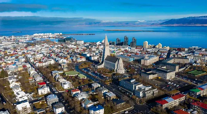 Areal view of Reykjavik in november with Hallgrimskirkja in the center