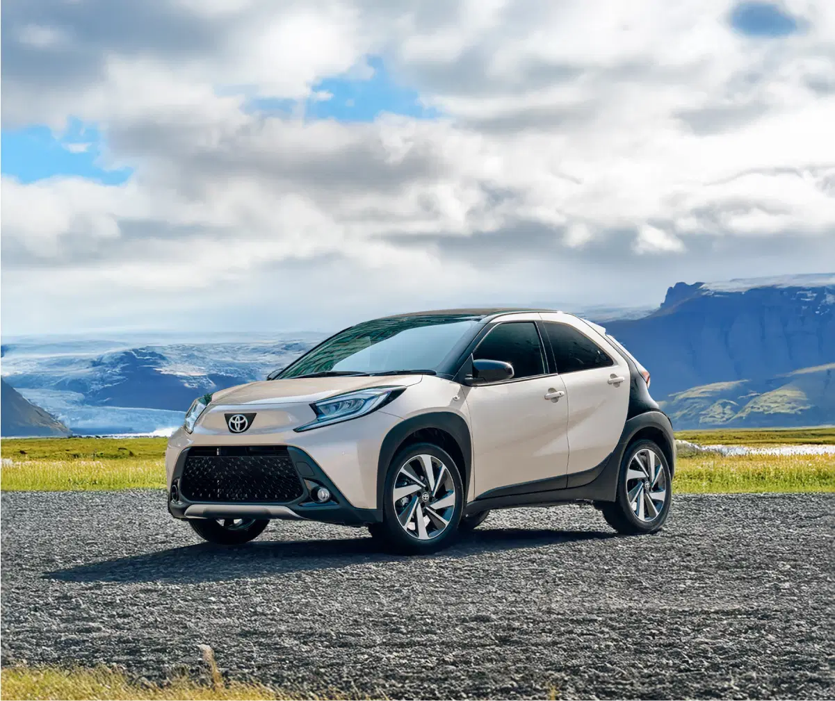 Toyota Aygo X in Icelandic wilderness - Compact, stylish, and budget-friendly car for an adventurous ride through the Land of Fire & Ice.