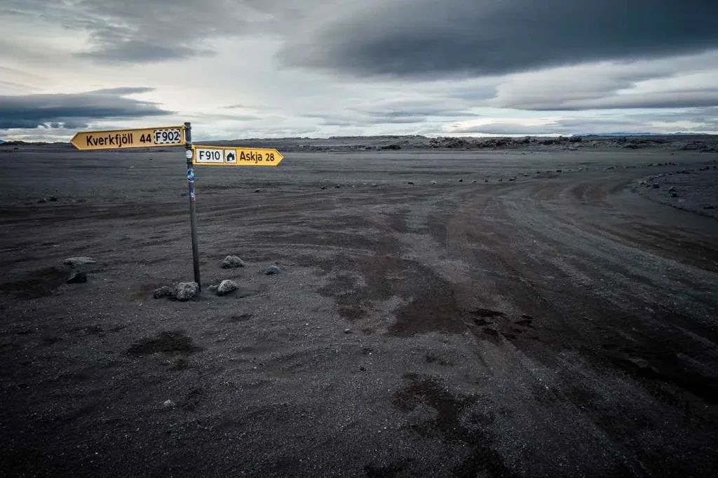 Ein Straßenschild, das auf Kverkfjöll und Askja hinweist, eingebettet in eine isolierte Vulkanlandschaft unter bewölktem Himmel.