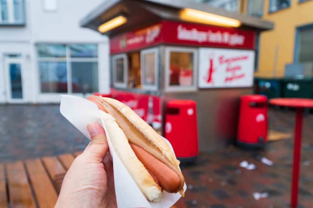 Isländischer Hot Dog mit braunem Senf in Reykjavik